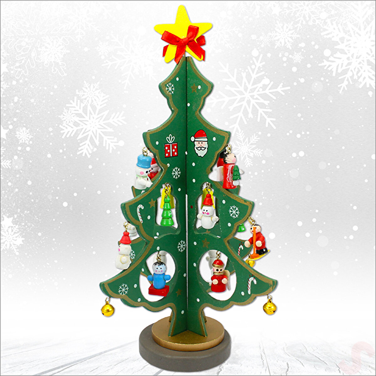 20 Parça Süslü Ahşap 27cm Mini Yılbaşı Ağaç Seti - Yeşil