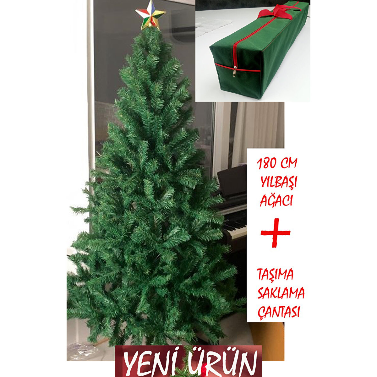 Yılbaşı Çam Ağacı 180 Cm 600 Gür Dallı Demir Ayak Demir Gövdeli Taşıma Çantalı Yeni Ürün