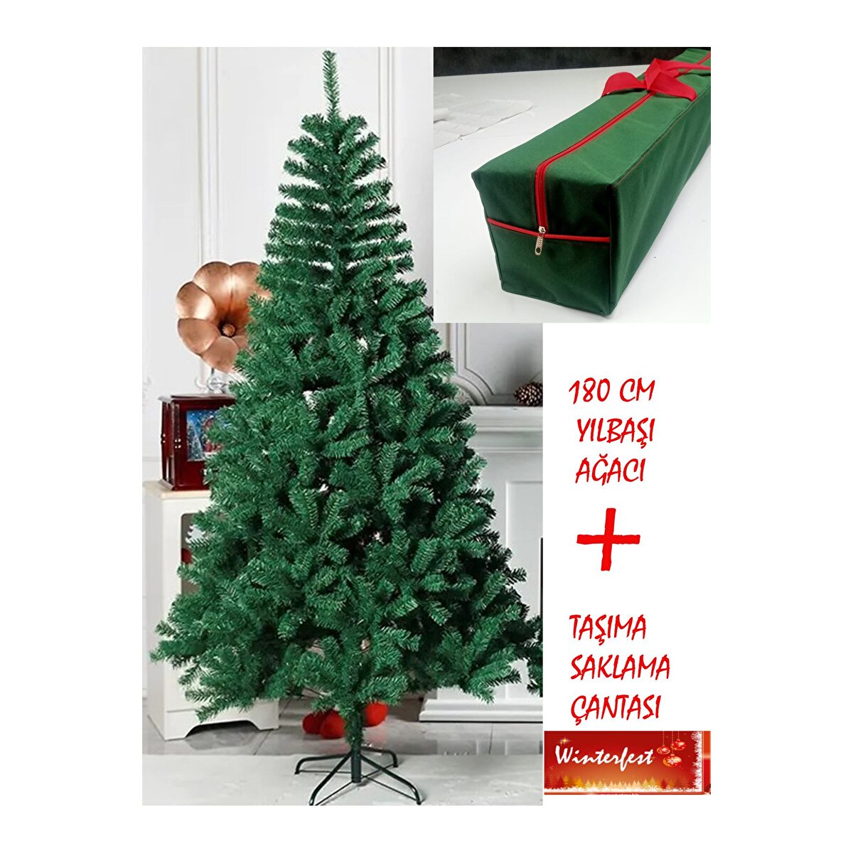 Gerçek Görsel Yılbaşı Çam Ağacı 180 Cm 600 Gür Dallı Taşıma Çantalı