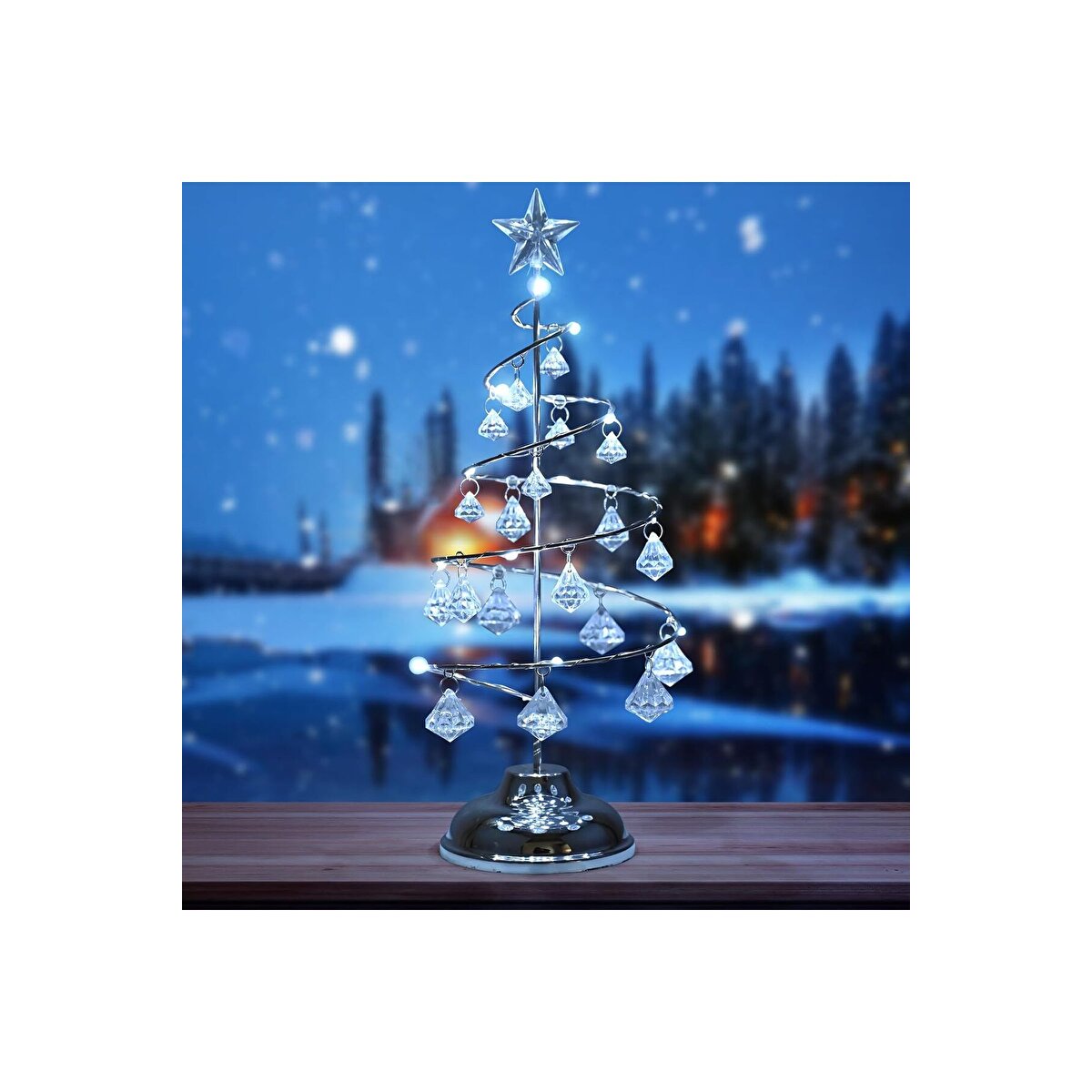Vip Kali̇te 20 Cm Metal Kri̇stal Sarkitli Yilbaşi Ağaci Beyaz Led Işikli Noel Ağaci Gümüş Çam Ağaci