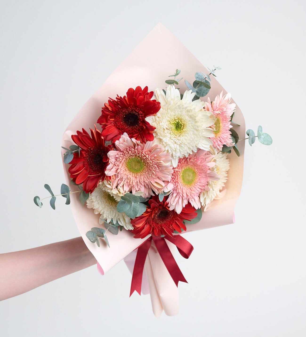 Pudra Bukette Kırmızı Pembe ve Beyaz Gerberala